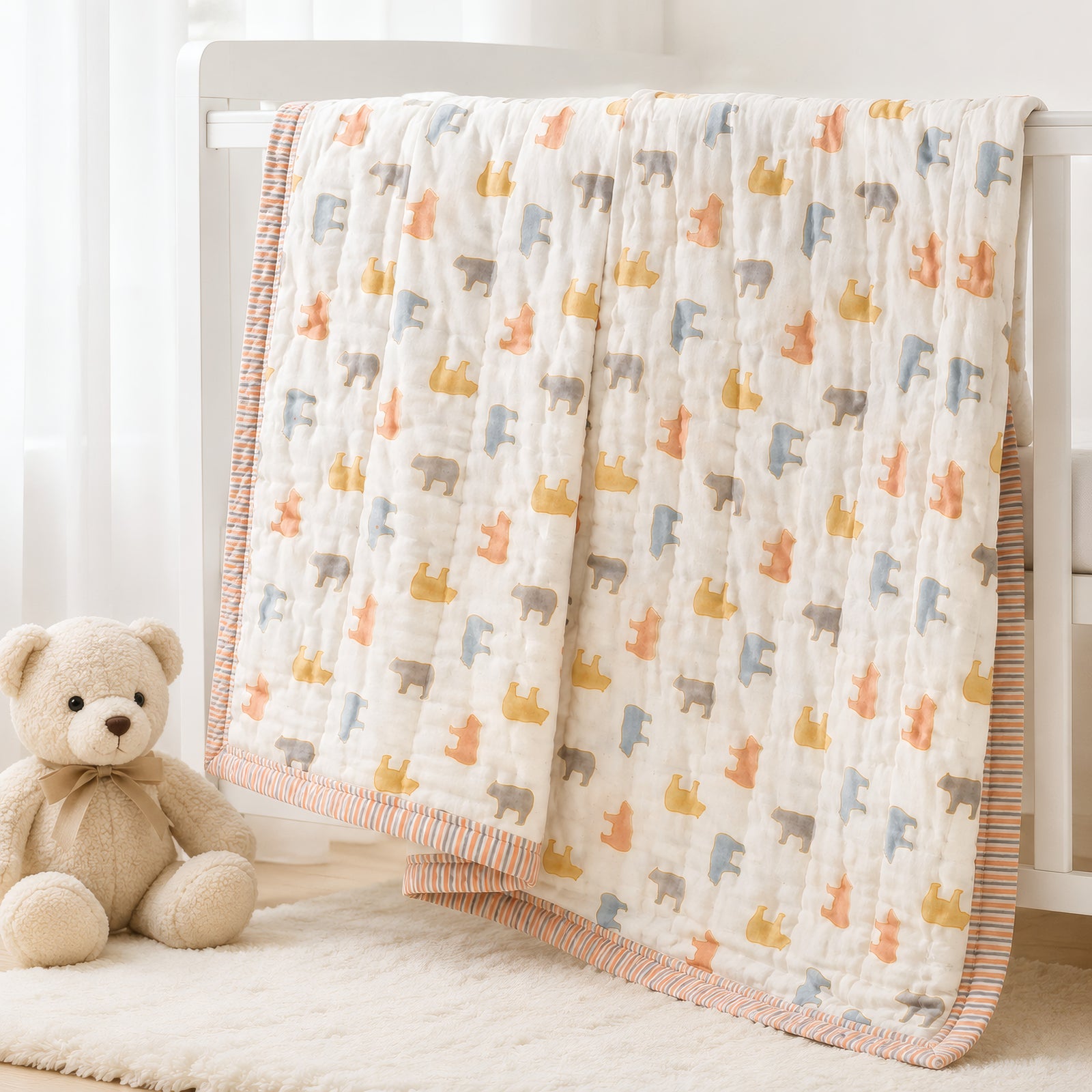 PEXX bear print reversible cotton baby quilt, 100 x 100 cm — nursery display