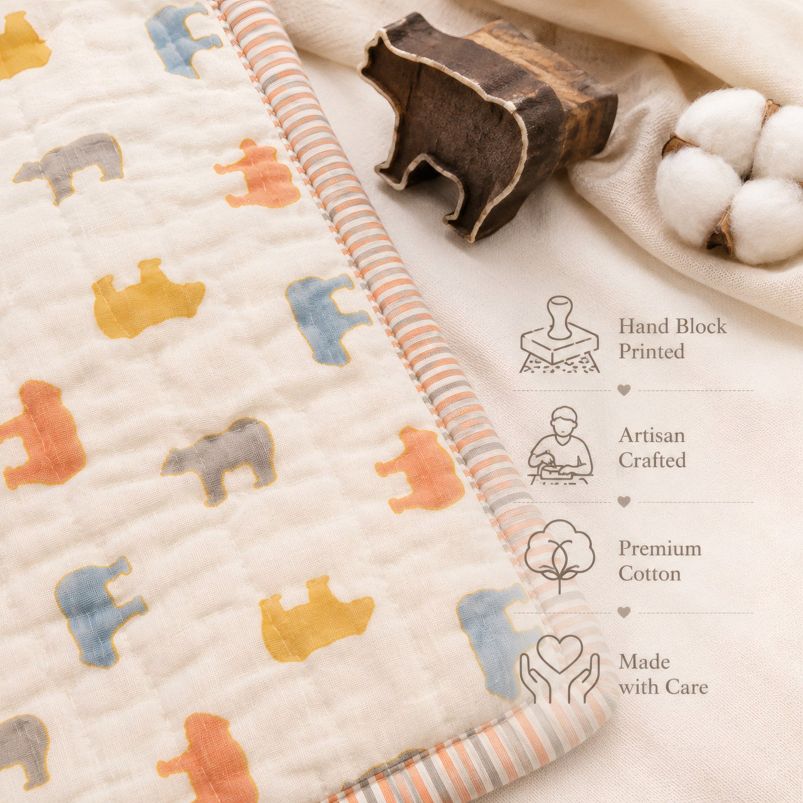 PEXX bear print reversible cotton baby quilt, 100 x 100 cm — hand block print detail