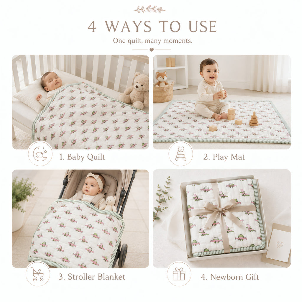 PEXX pink dino print reversible cotton baby quilt, 100 x 100 cm — four ways to use