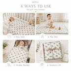 PEXX pink dino print reversible cotton baby quilt, 100 x 100 cm — four ways to use
