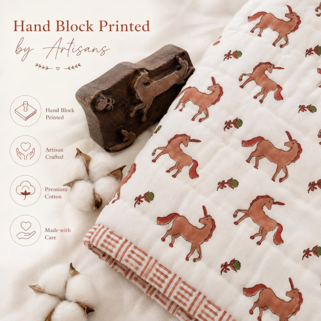 PEXX terracotta unicorn print reversible cotton baby quilt, 100 x 100 cm — hero full quilt