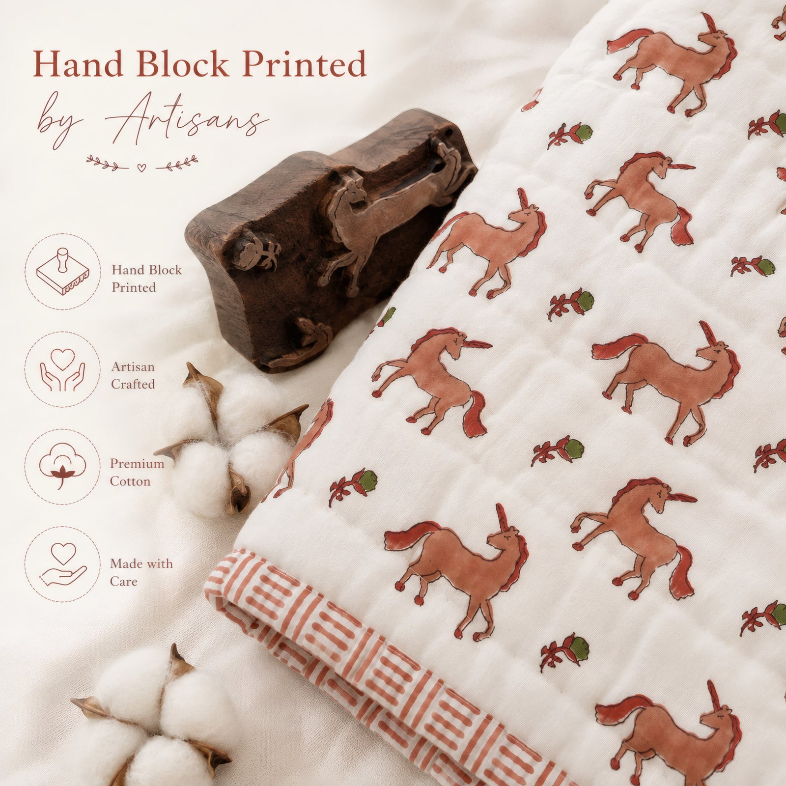 PEXX terracotta unicorn print reversible cotton baby quilt, 100 x 100 cm — hero full quilt