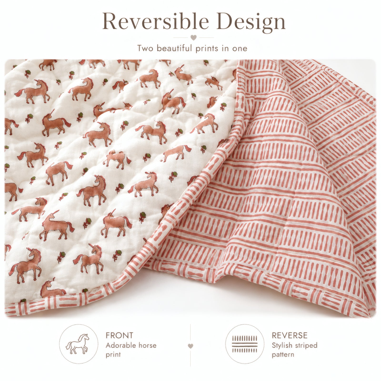 PEXX terracotta unicorn print reversible cotton baby quilt, 100 x 100 cm — reversible design