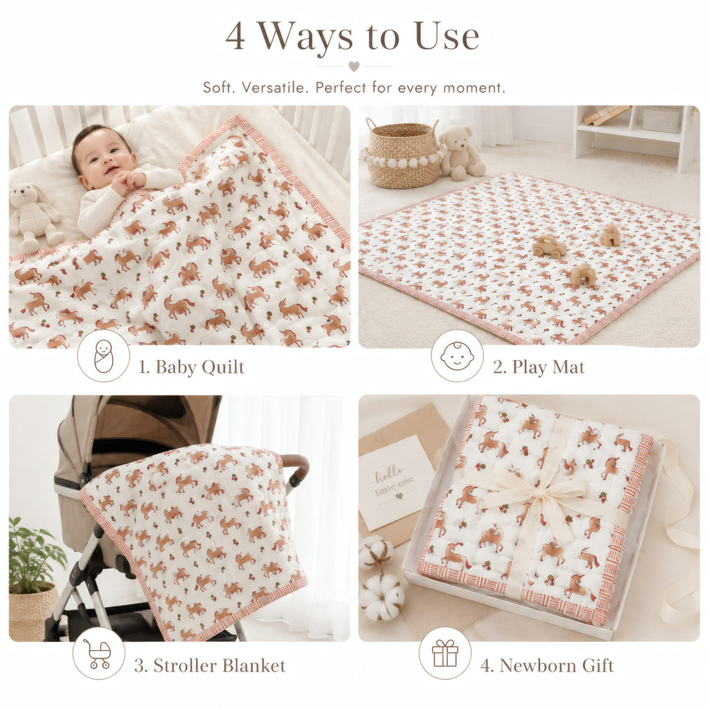 PEXX terracotta unicorn print reversible cotton baby quilt, 100 x 100 cm — four ways to use
