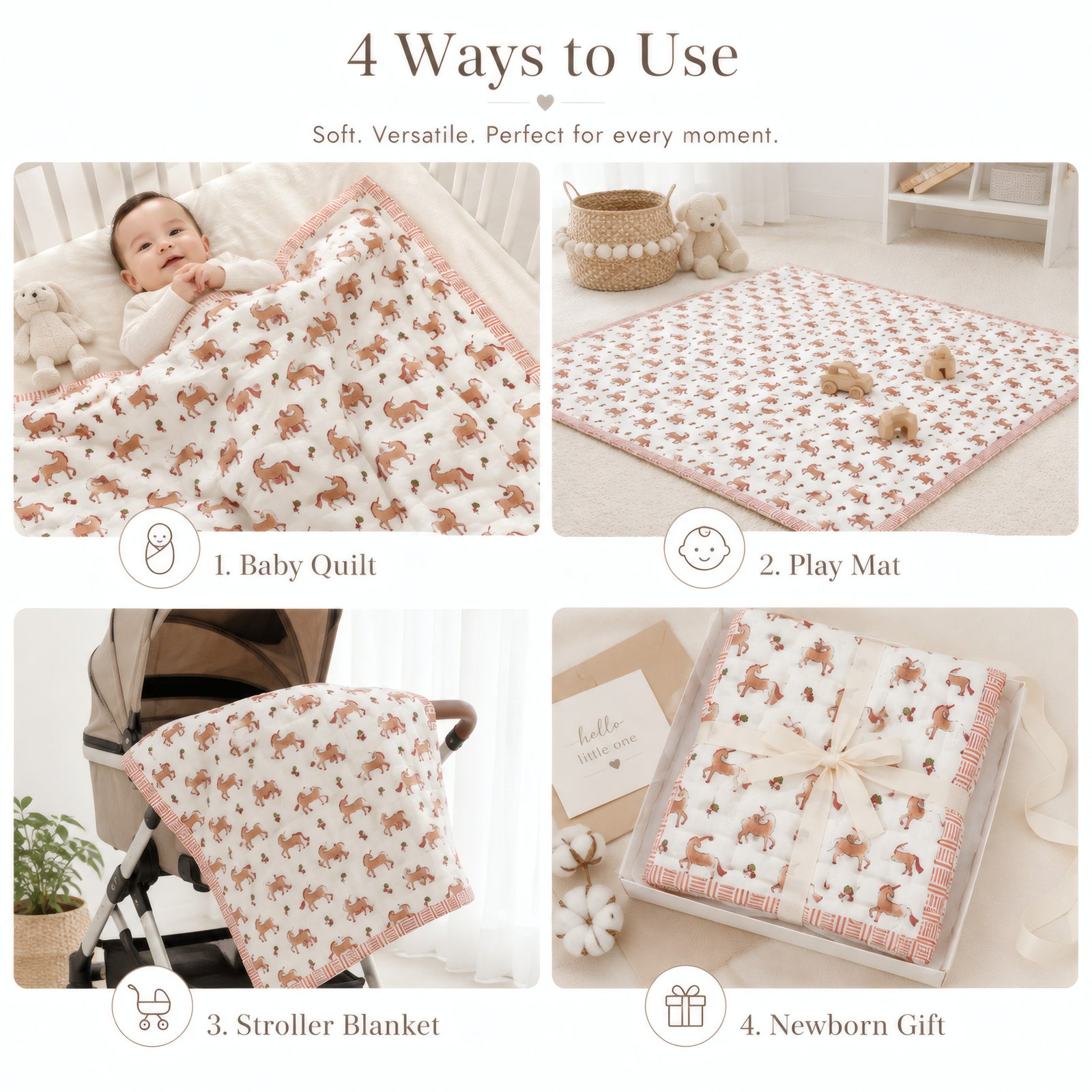 PEXX terracotta unicorn print reversible cotton baby quilt, 100 x 100 cm — four ways to use