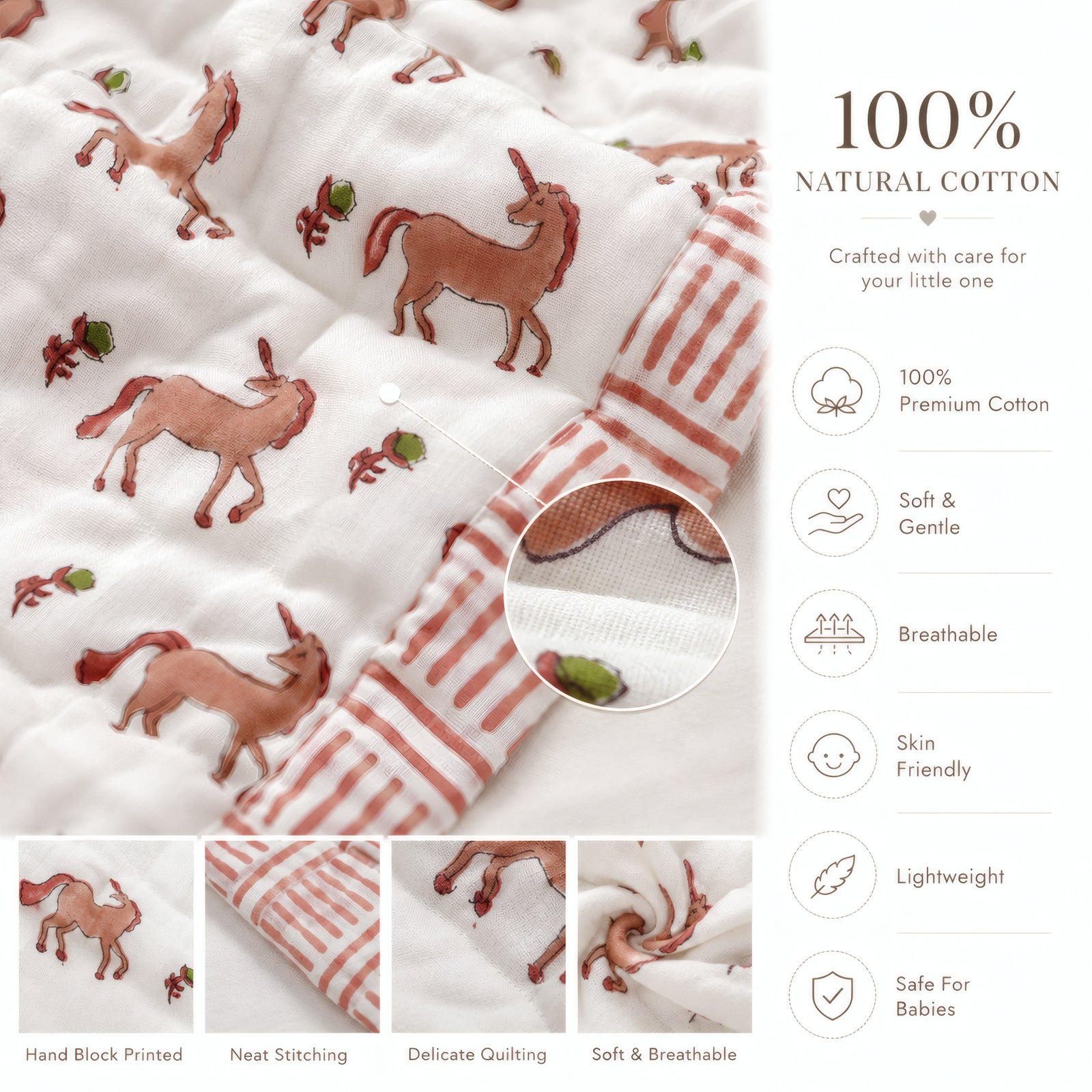 PEXX terracotta unicorn print reversible cotton baby quilt, 100 x 100 cm — cotton material detail