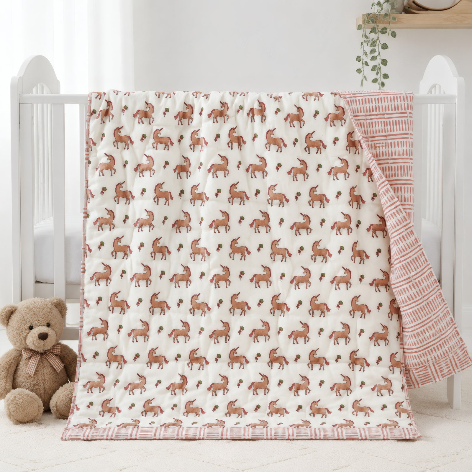 PEXX terracotta unicorn print reversible cotton baby quilt, 100 x 100 cm — nursery display