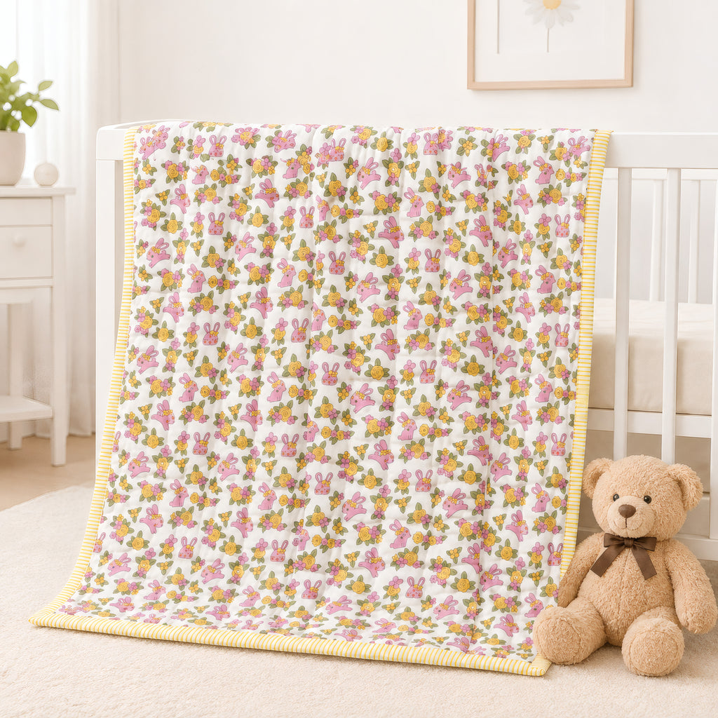 PEXX bunny floral print reversible cotton baby quilt, 100 x 100 cm — nursery display