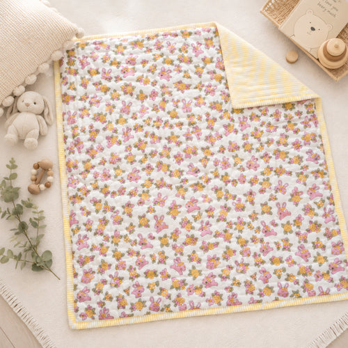 PEXX bunny floral print reversible cotton baby quilt, 100 x 100 cm — hero full quilt