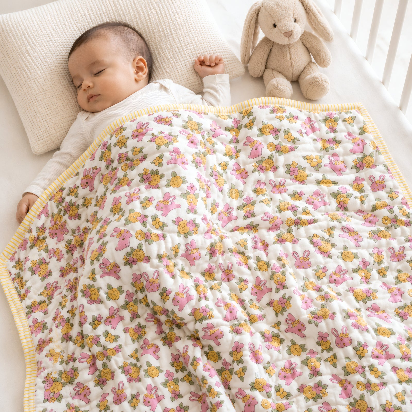 PEXX bunny floral print reversible cotton baby quilt, 100 x 100 cm — baby nap lifestyle