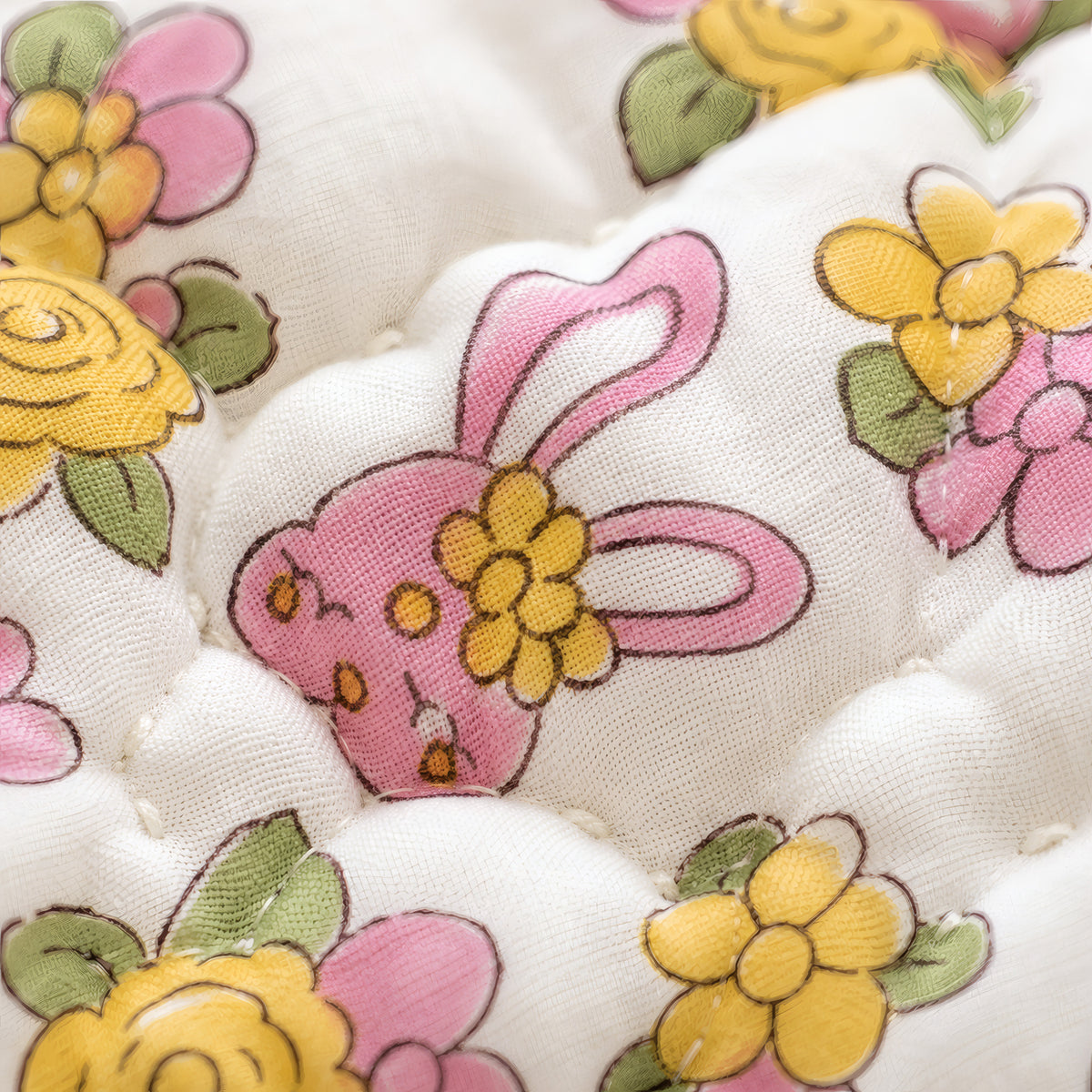 PEXX bunny floral print reversible cotton baby quilt, 100 x 100 cm — block print close up