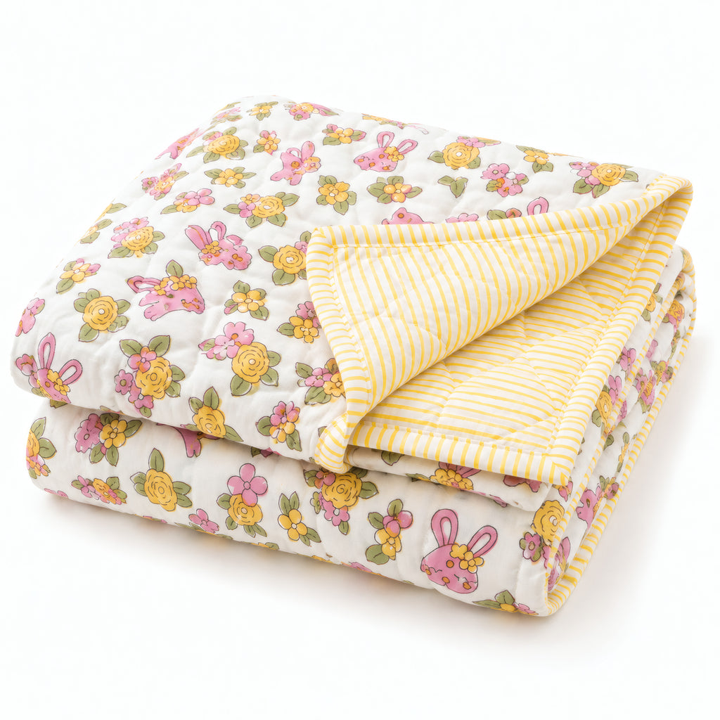 PEXX bunny floral print reversible cotton baby quilt, 100 x 100 cm — folded quilt