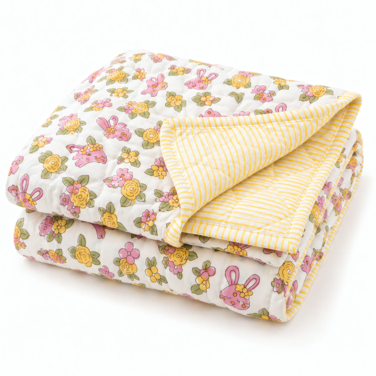 PEXX bunny floral print reversible cotton baby quilt, 100 x 100 cm — folded quilt