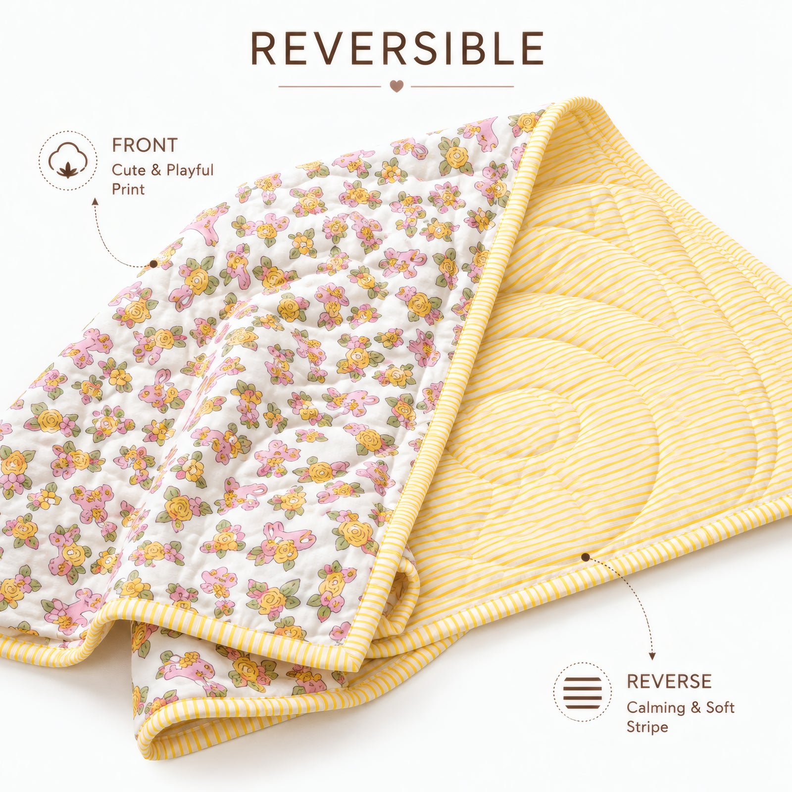 PEXX bunny floral print reversible cotton baby quilt, 100 x 100 cm — reversible design