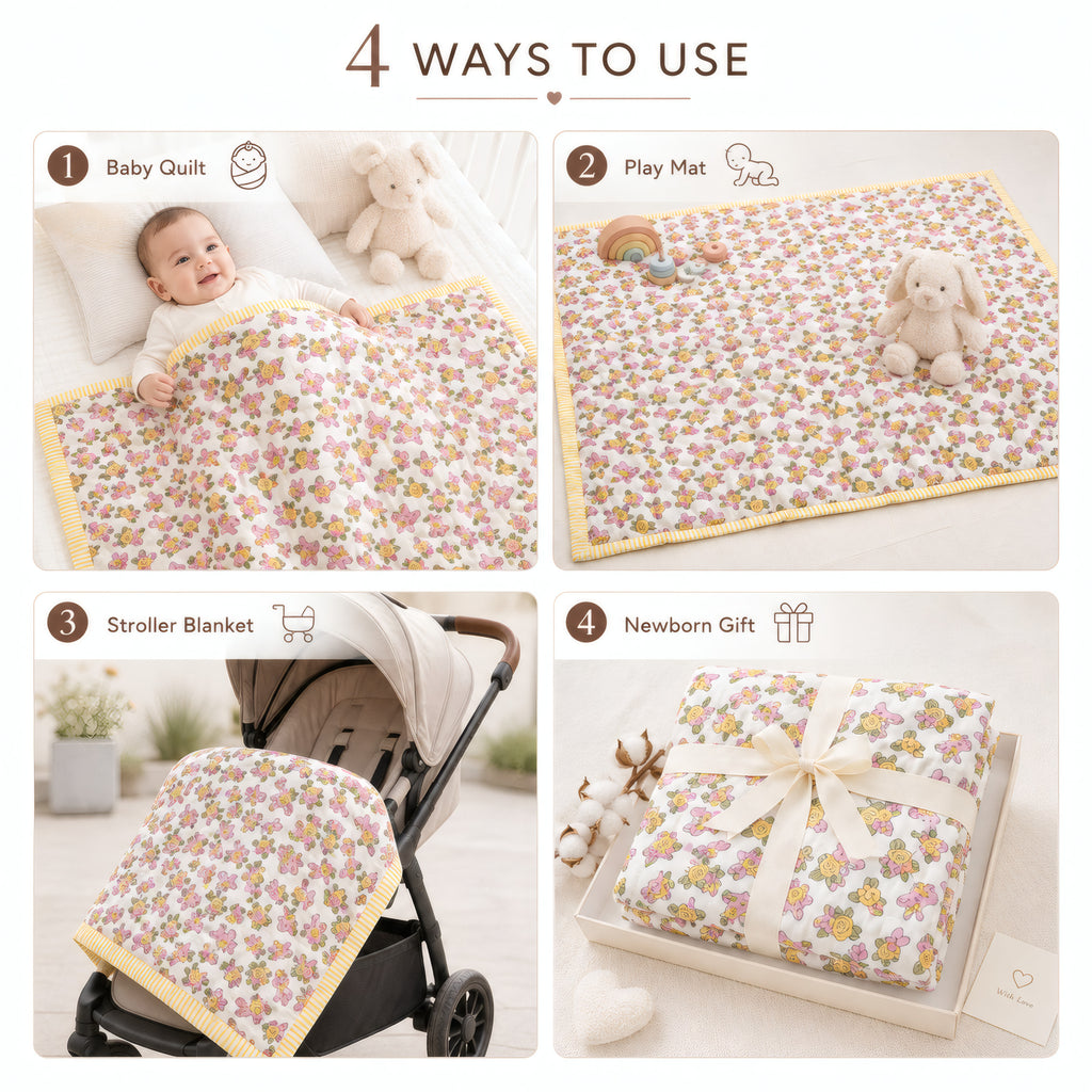 PEXX bunny floral print reversible cotton baby quilt, 100 x 100 cm — four ways to use