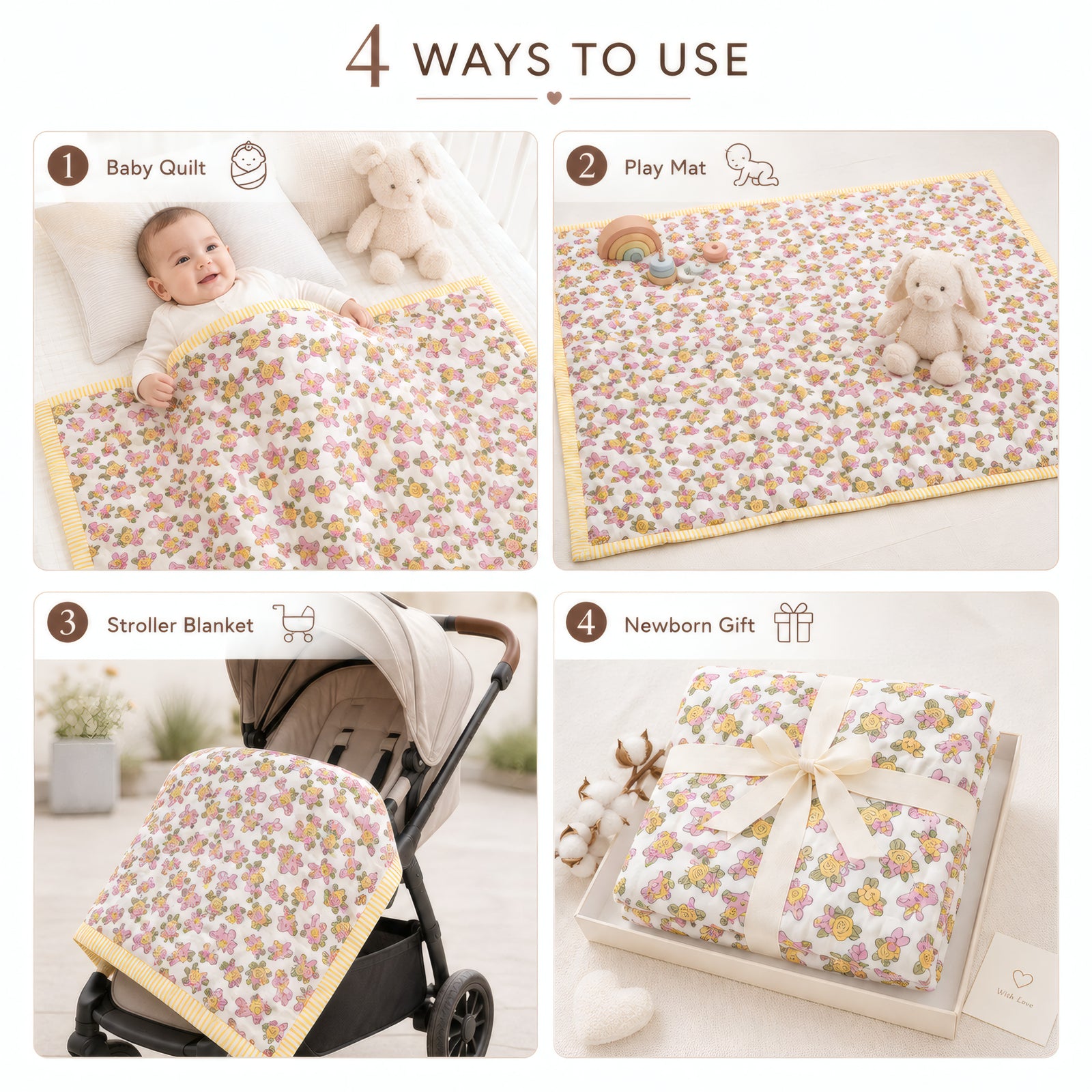 PEXX bunny floral print reversible cotton baby quilt, 100 x 100 cm — four ways to use