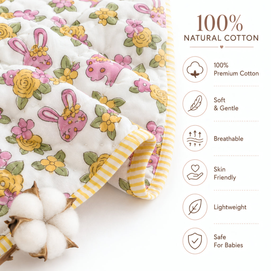 PEXX bunny floral print reversible cotton baby quilt, 100 x 100 cm — cotton material detail