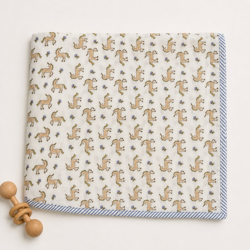 Unicorn & Dolphin print hand block-printed cotton muslin baby swaddle set – print A flat lay
