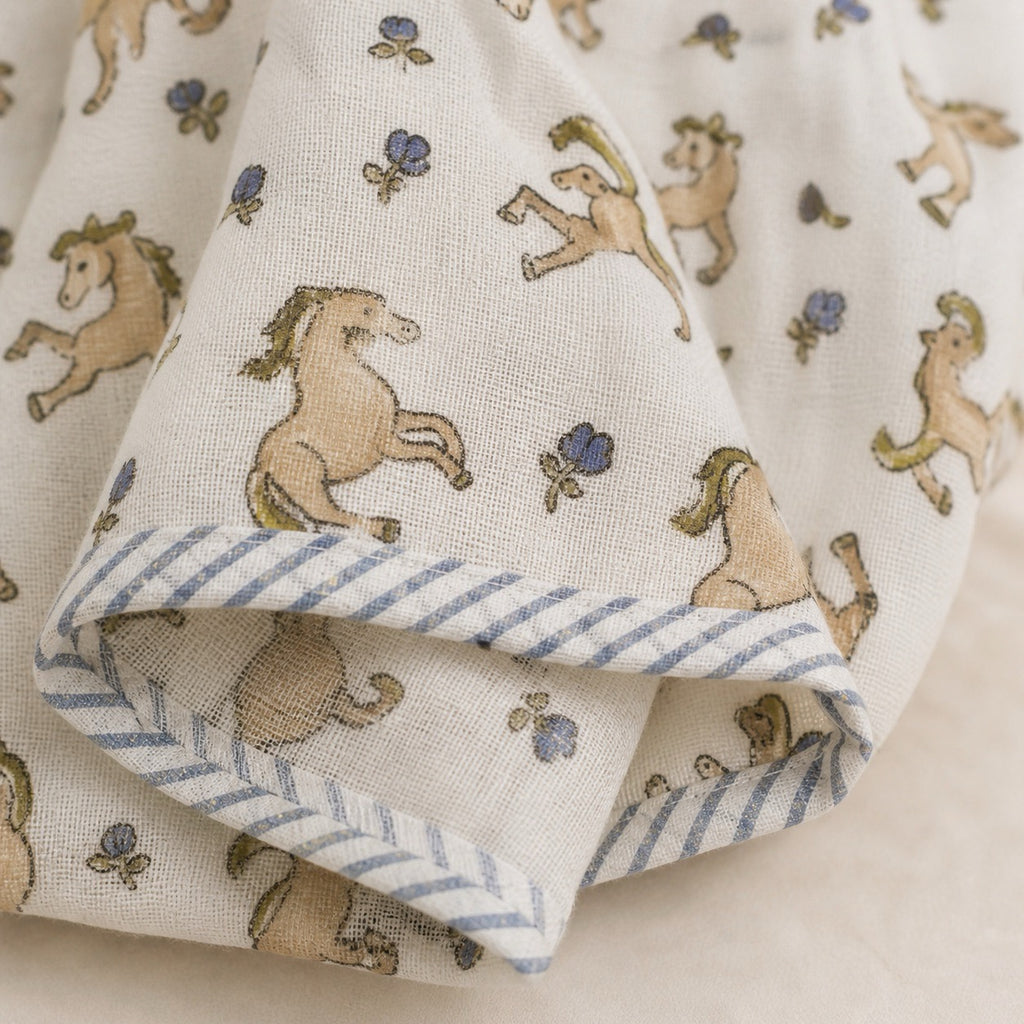 Unicorn & Dolphin print hand block-printed cotton muslin baby swaddle set – print A detail