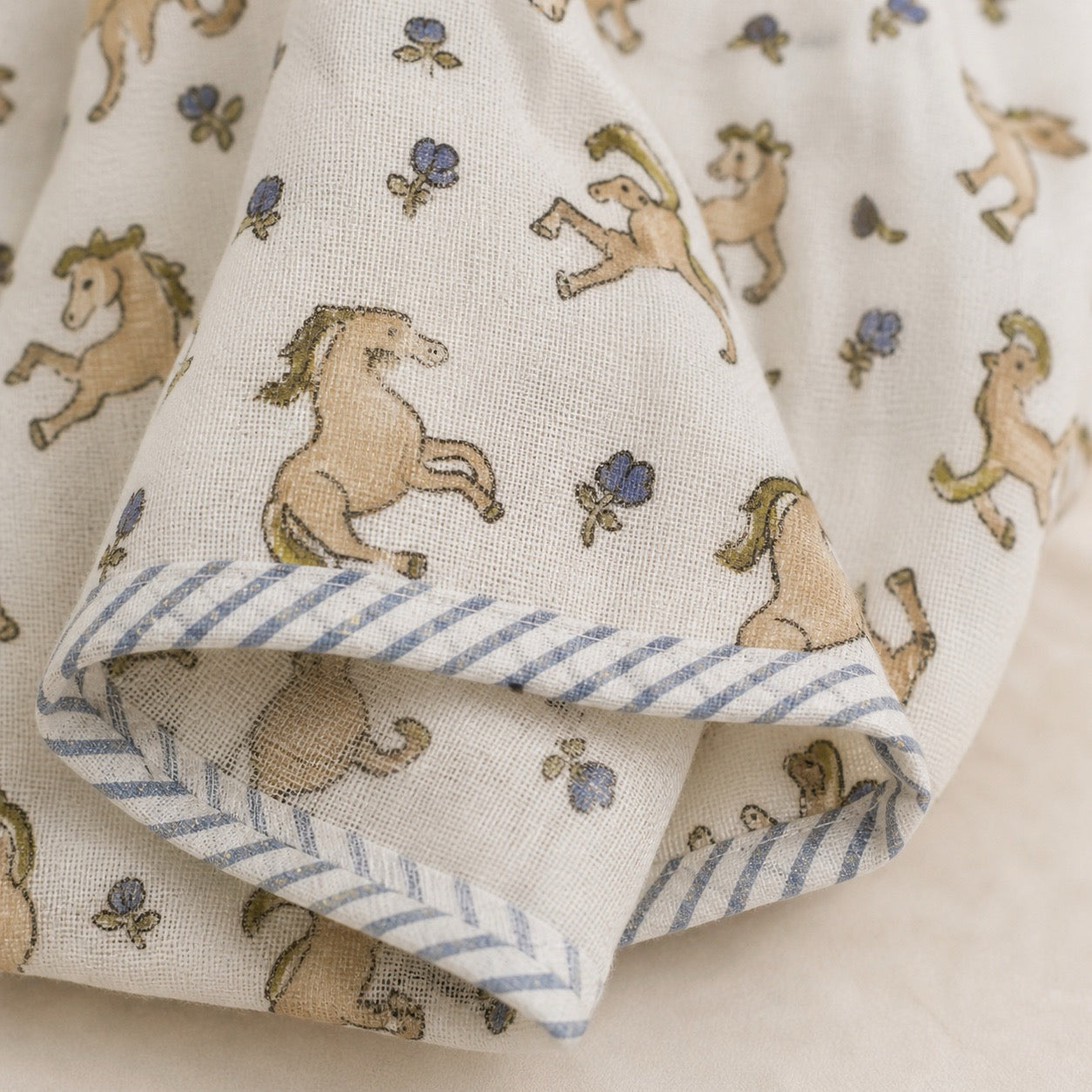 Unicorn & Dolphin print hand block-printed cotton muslin baby swaddle set – print A detail