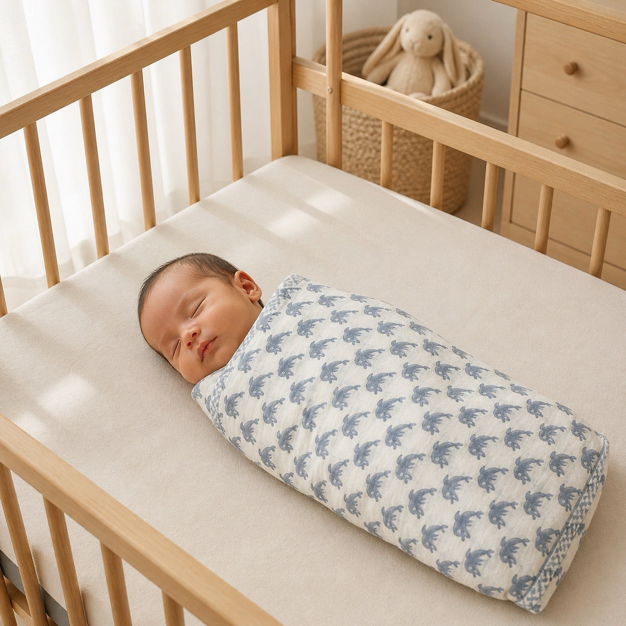 Unicorn & Dolphin print hand block-printed cotton muslin baby swaddle set – print B on-baby