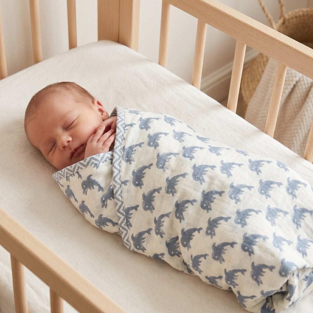 Bear & Circus Animal print hand block-printed cotton muslin baby swaddle set – print B on-baby