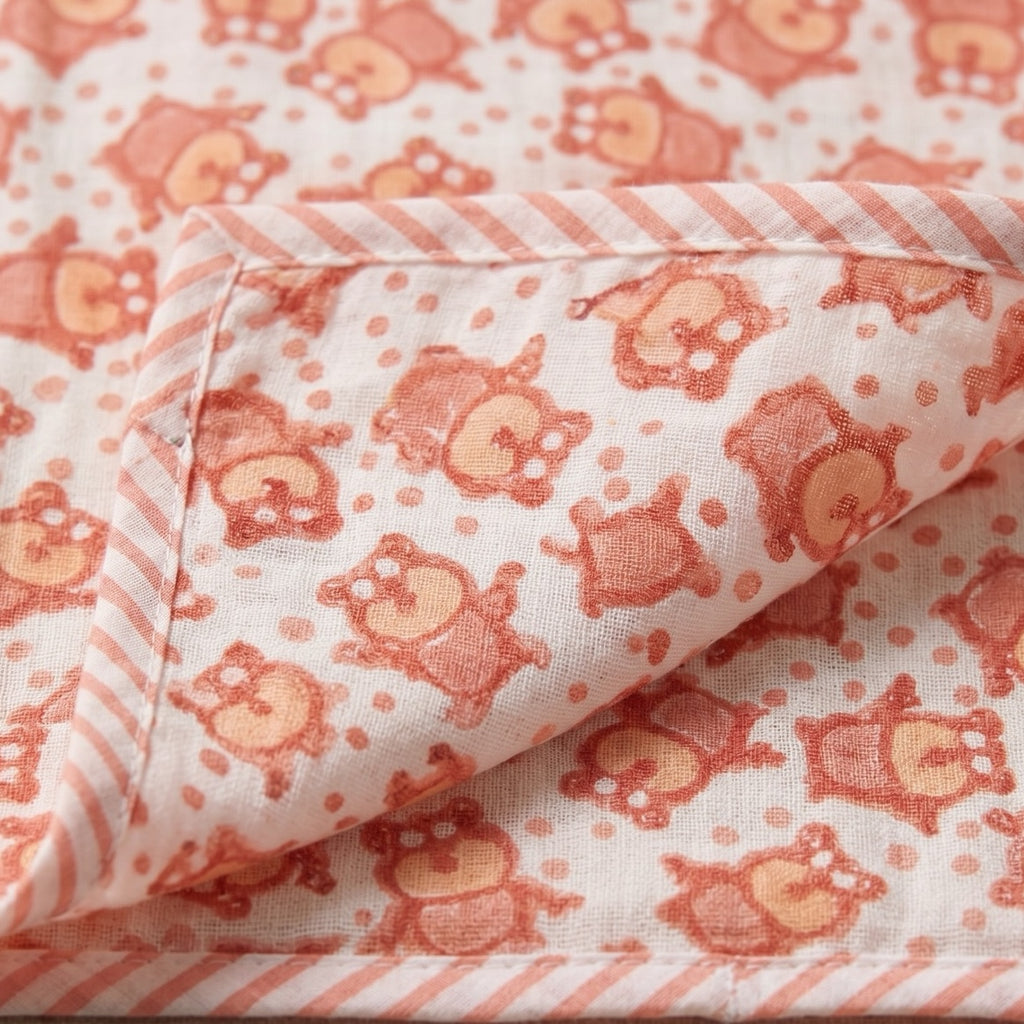 Bear & Circus Animal print hand block-printed cotton muslin baby swaddle set – print B detail