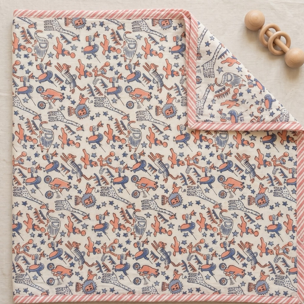 Bear & Circus Animal print hand block-printed cotton muslin baby swaddle set – hero – set together