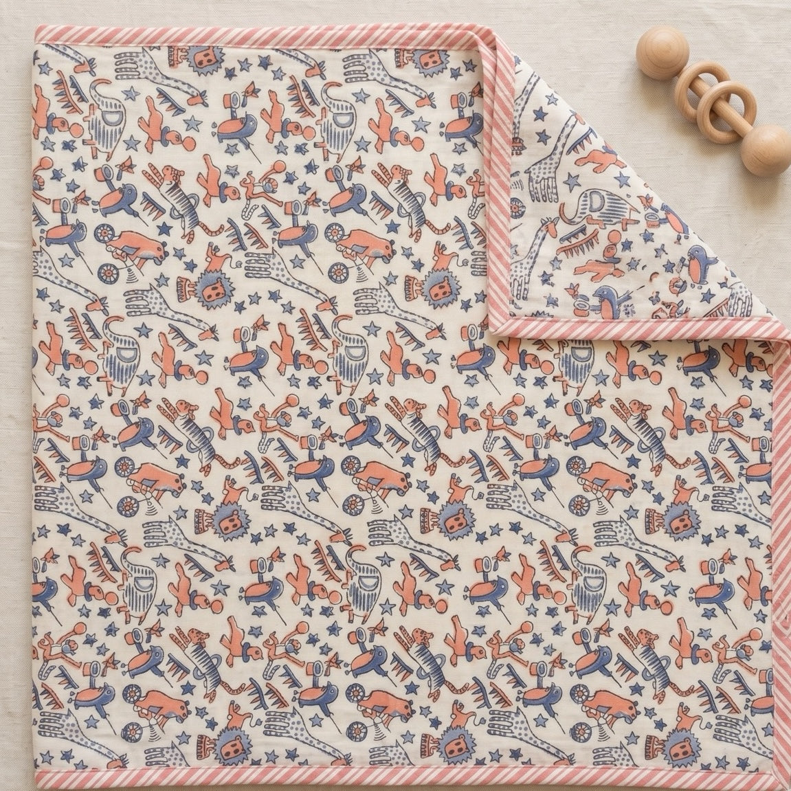 Bear & Circus Animal print hand block-printed cotton muslin baby swaddle set – hero – set together
