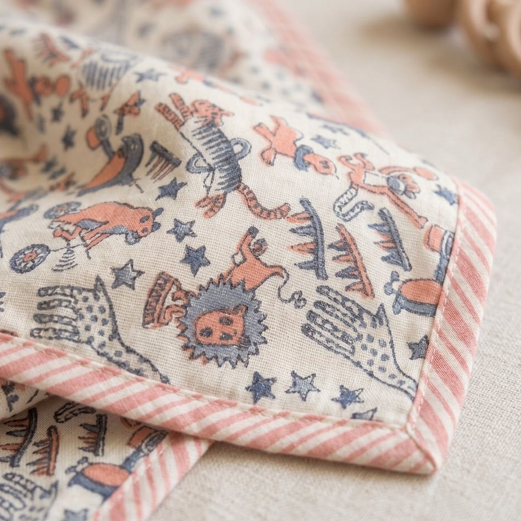 Bear & Circus Animal print hand block-printed cotton muslin baby swaddle set – print A detail