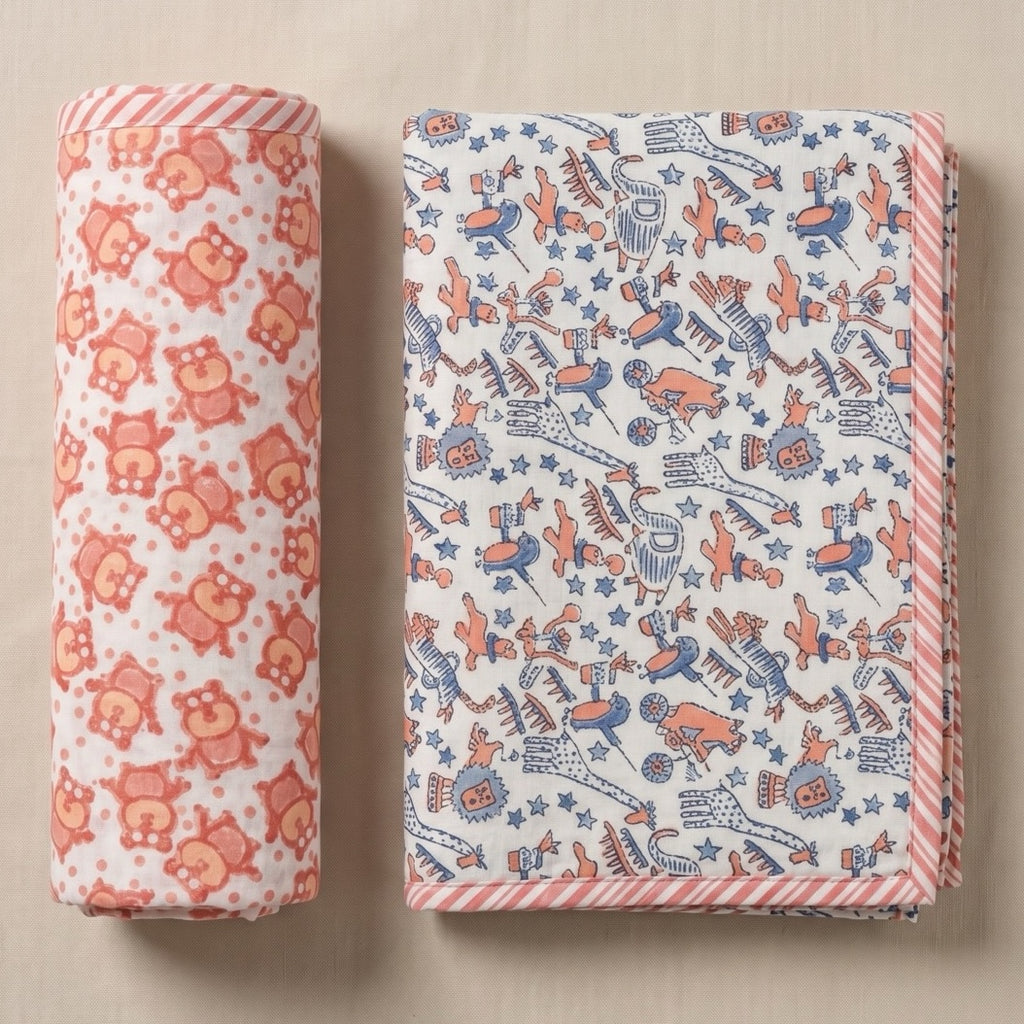 Sunburst & Polka Dot print hand block-printed cotton muslin baby swaddle set – print A on-baby