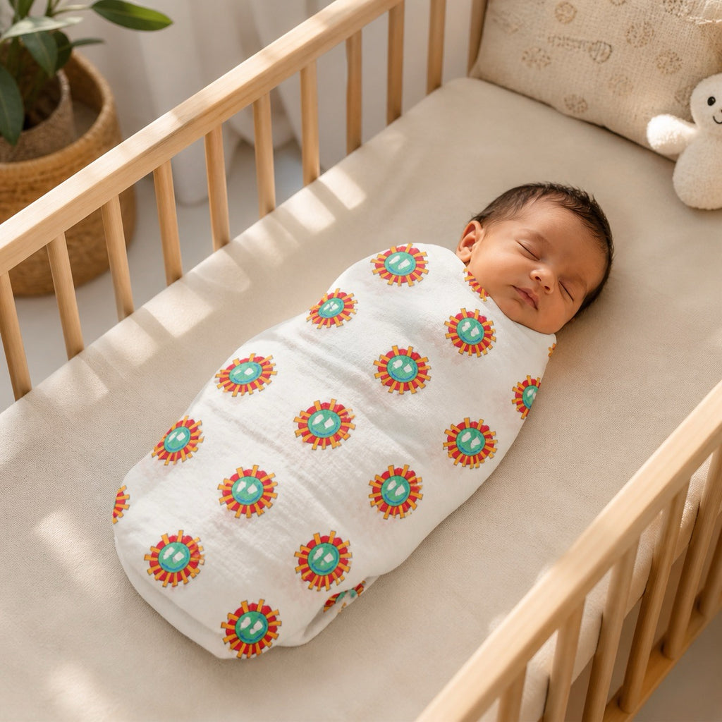 Sunburst & Polka Dot print hand block-printed cotton muslin baby swaddle set – hero – set together