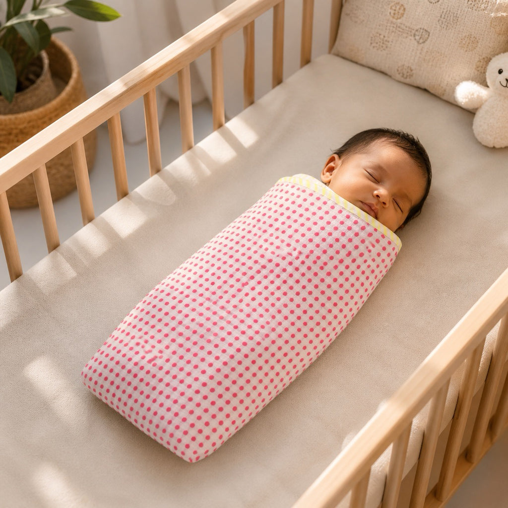 Sunburst & Polka Dot print hand block-printed cotton muslin baby swaddle set – print B on-baby