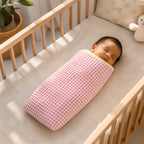 Sunburst & Polka Dot print hand block-printed cotton muslin baby swaddle set – print B on-baby