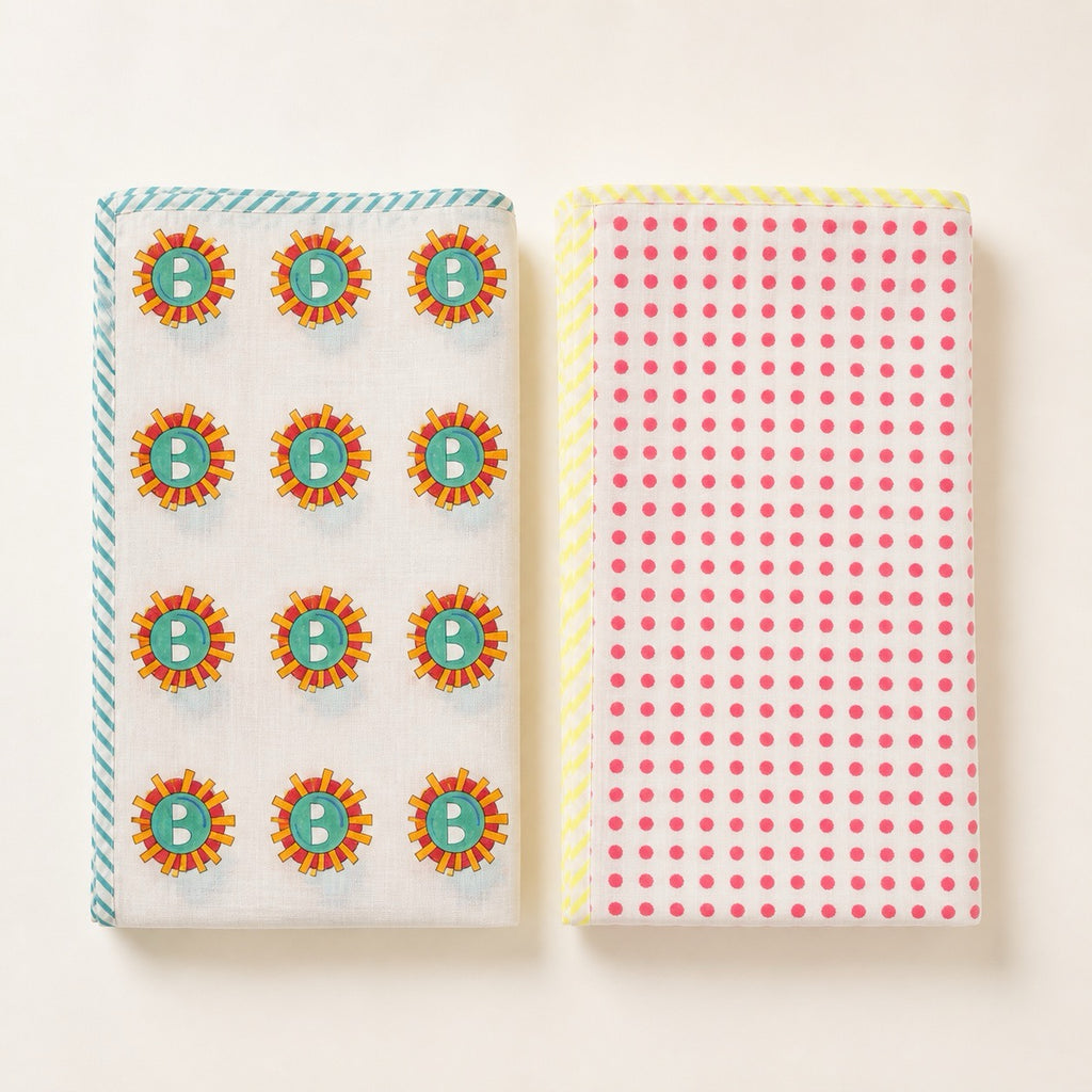 Sunburst & Polka Dot print hand block-printed cotton muslin baby swaddle set – set together, alt view