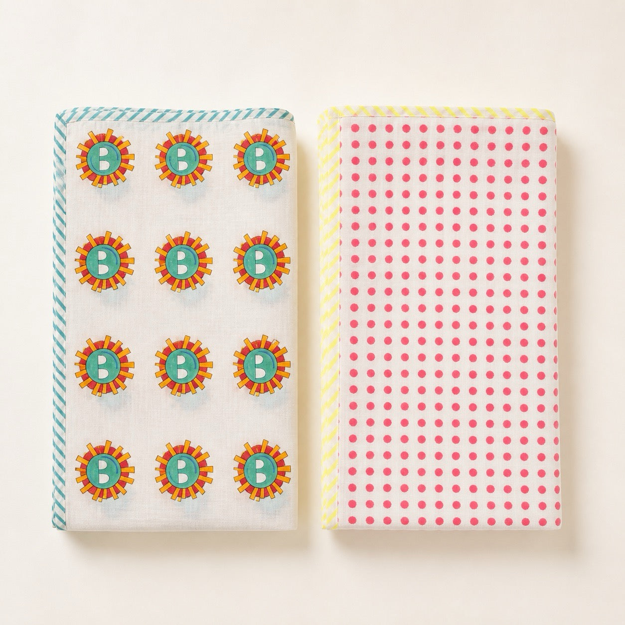 Sunburst & Polka Dot print hand block-printed cotton muslin baby swaddle set – set together, alt view
