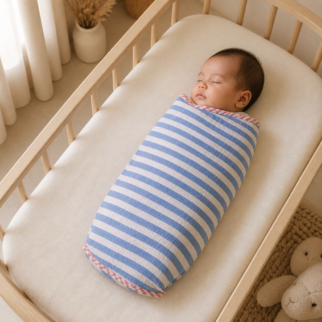 Bunny Floral & Stripe print hand block-printed cotton muslin baby swaddle set – print A detail