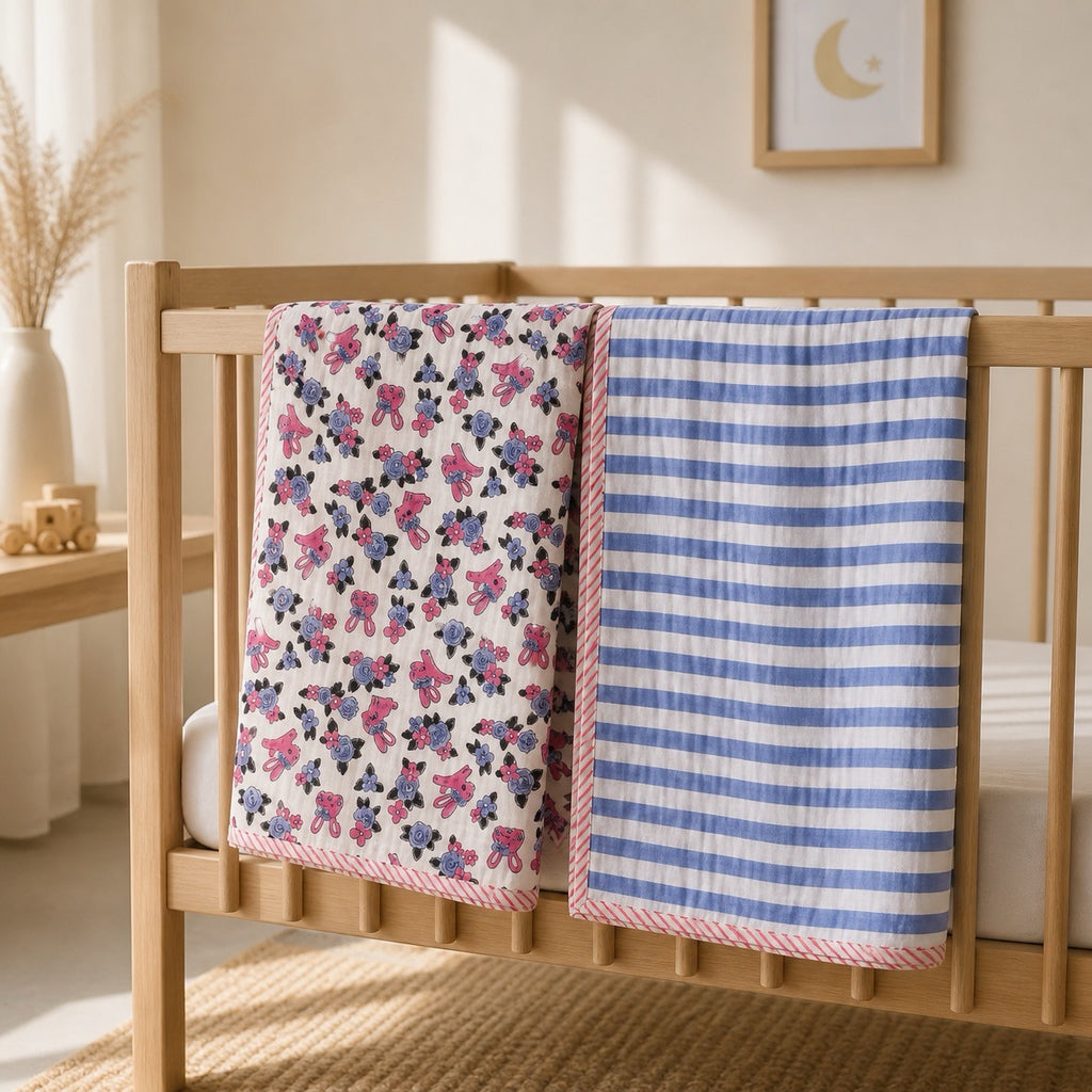 Bunny Floral & Stripe print hand block-printed cotton muslin baby swaddle set – hero – set together