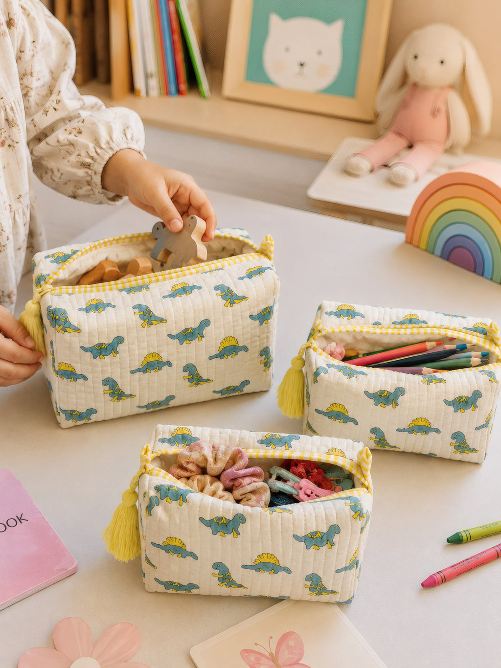 PEXX blue dino print hand block-printed toiletry pouch set of 3 — stationery and toy use