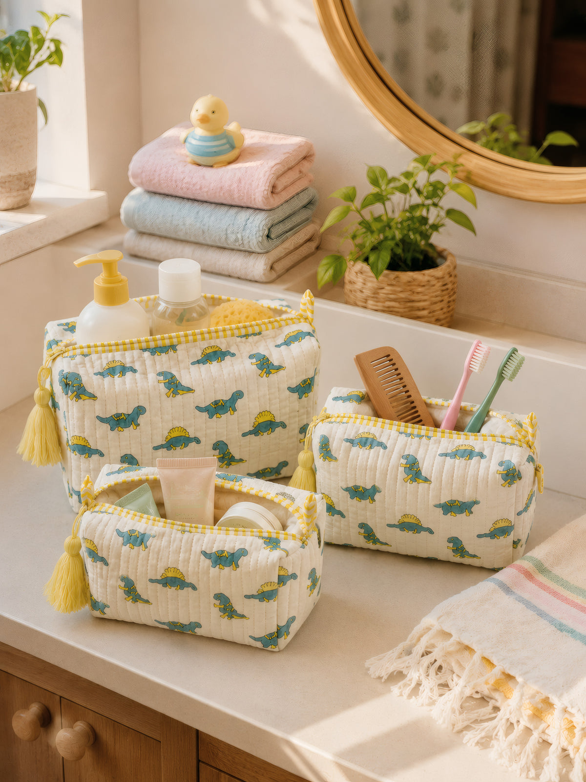PEXX blue dino print hand block-printed toiletry pouch set of 3 — bathroom toiletry use