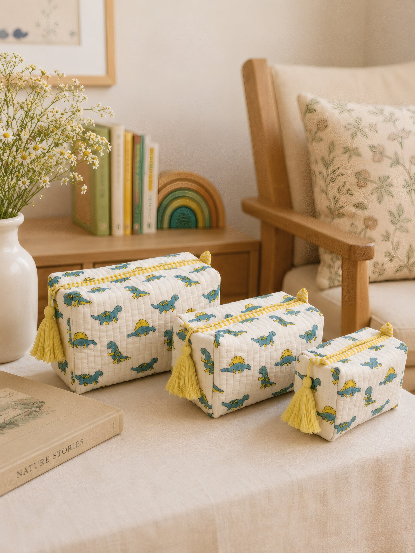 PEXX blue dino print hand block-printed toiletry pouch set of 3 — styled nested set
