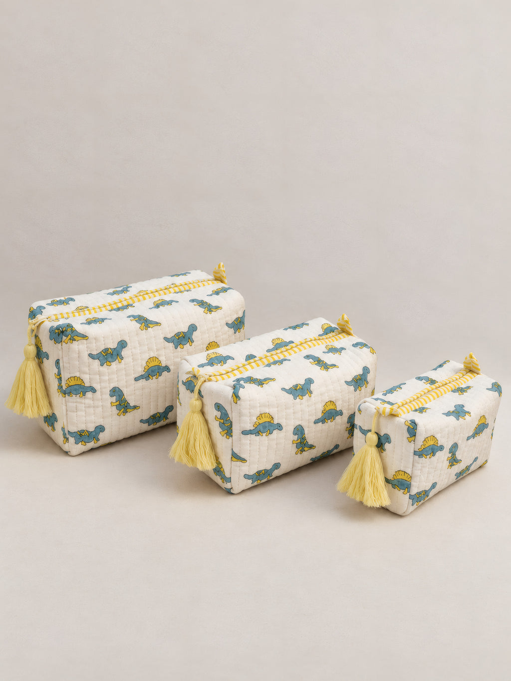 PEXX blue dino print hand block-printed toiletry pouch set of 3 — three piece set
