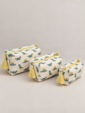 PEXX blue dino print hand block-printed toiletry pouch set of 3 — three piece set