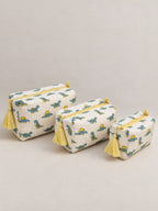 PEXX blue dino print hand block-printed toiletry pouch set of 3 — three piece set