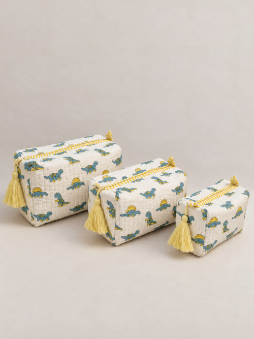 PEXX blue dino print hand block-printed toiletry pouch set of 3 — three piece set