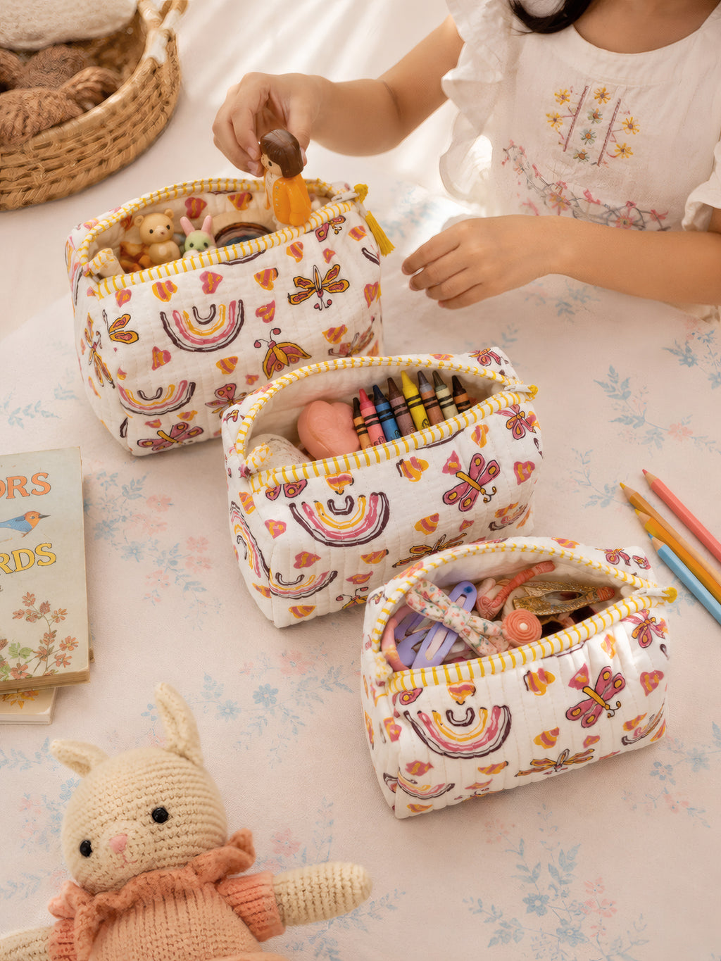 PEXX rainbow butterfly print hand block-printed toiletry pouch set of 3 — stationery and toy use