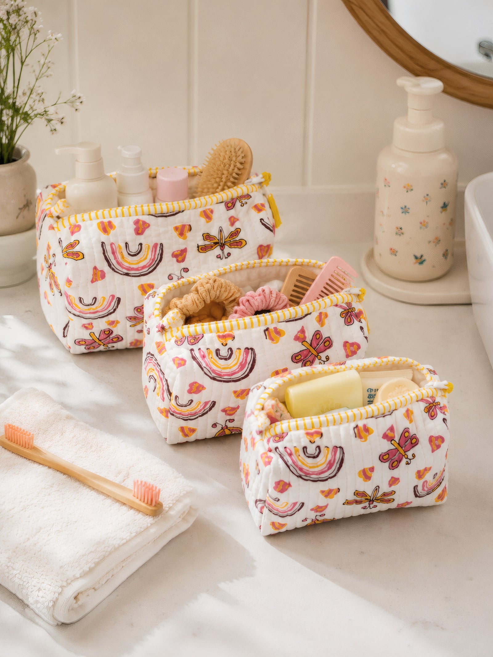 PEXX rainbow butterfly print hand block-printed toiletry pouch set of 3 — bathroom toiletry use