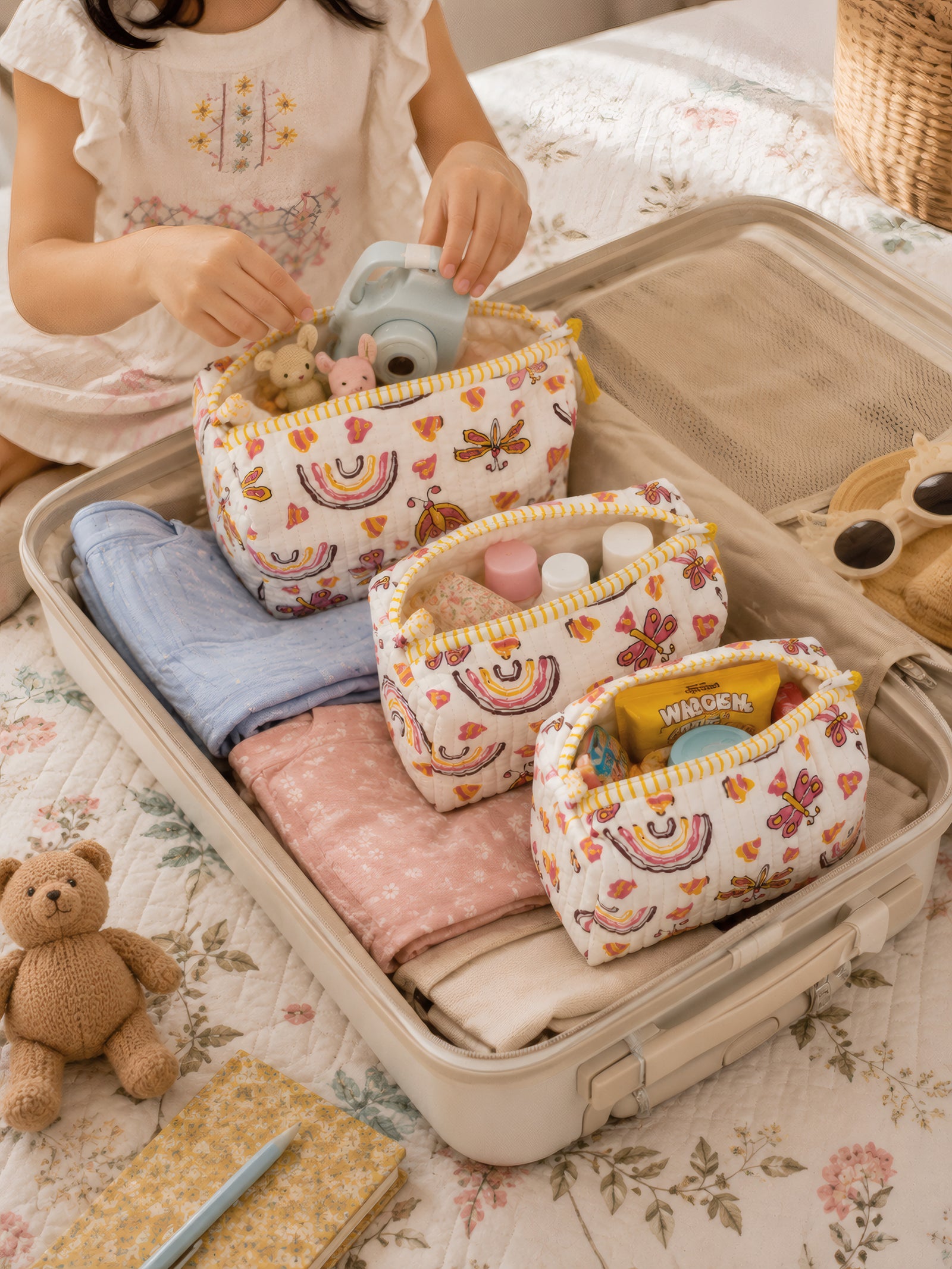 PEXX rainbow butterfly print hand block-printed toiletry pouch set of 3 — travel packing use