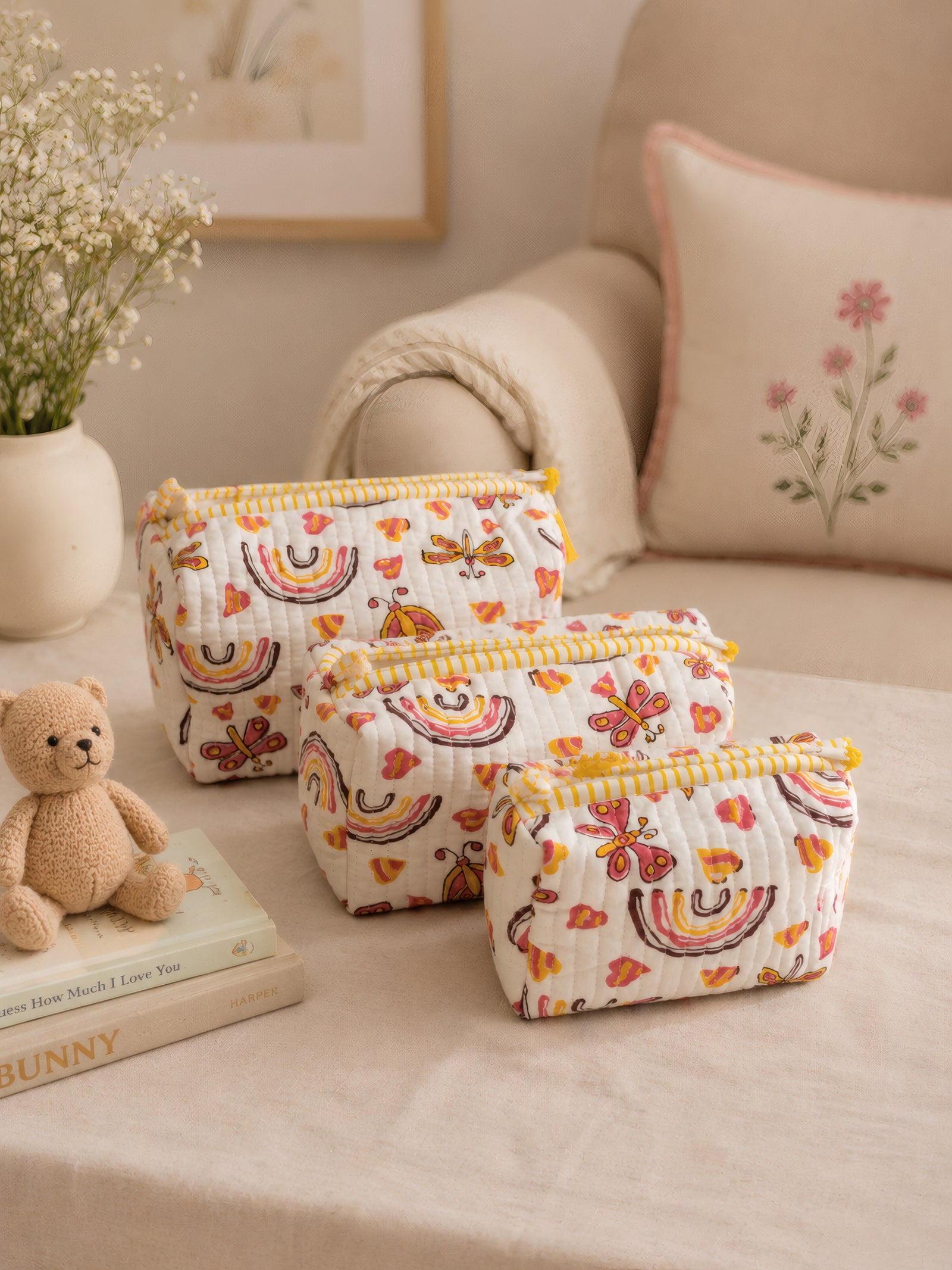 PEXX rainbow butterfly print hand block-printed toiletry pouch set of 3 — styled nested set