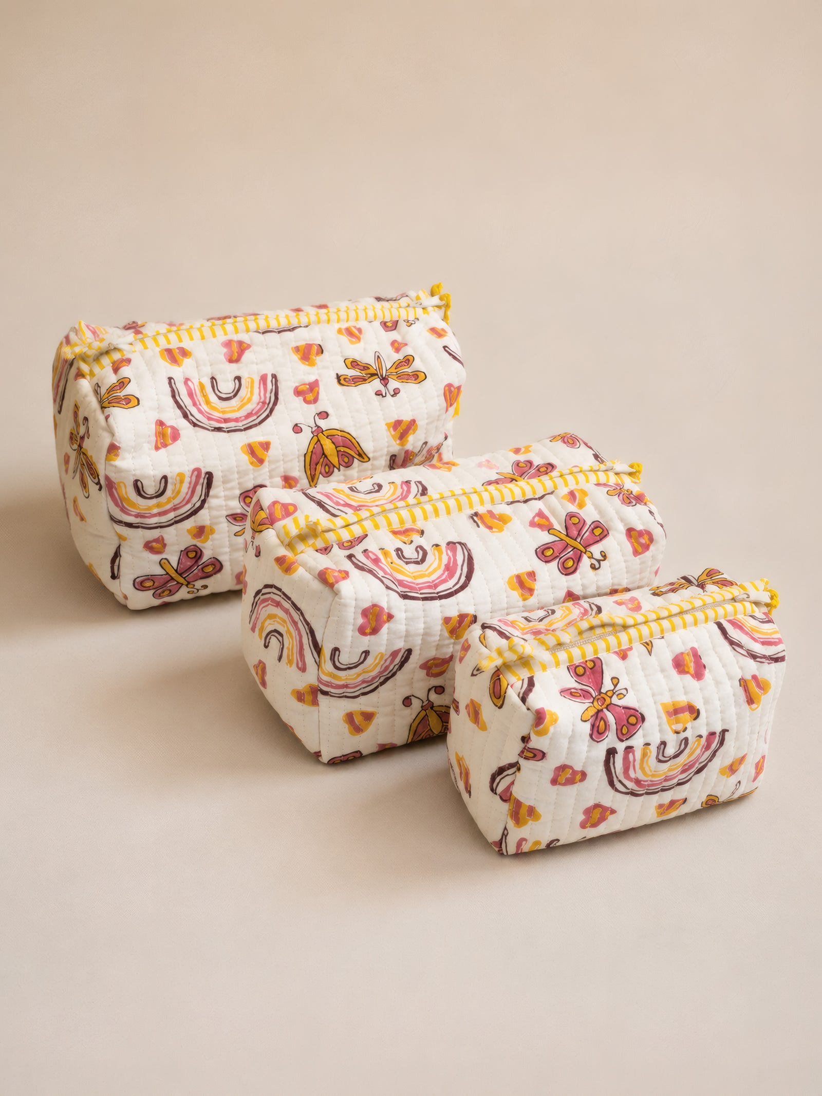 PEXX rainbow butterfly print hand block-printed toiletry pouch set of 3 — three piece set